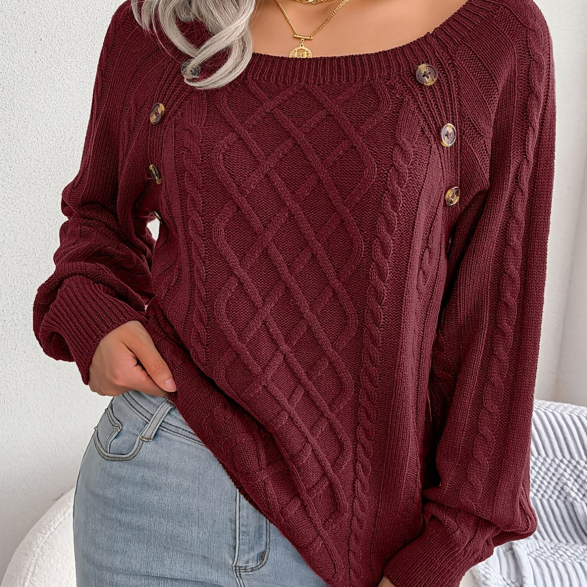 Round Neck Texture Lantern Sleeve Women's Sweater – Button Sweater