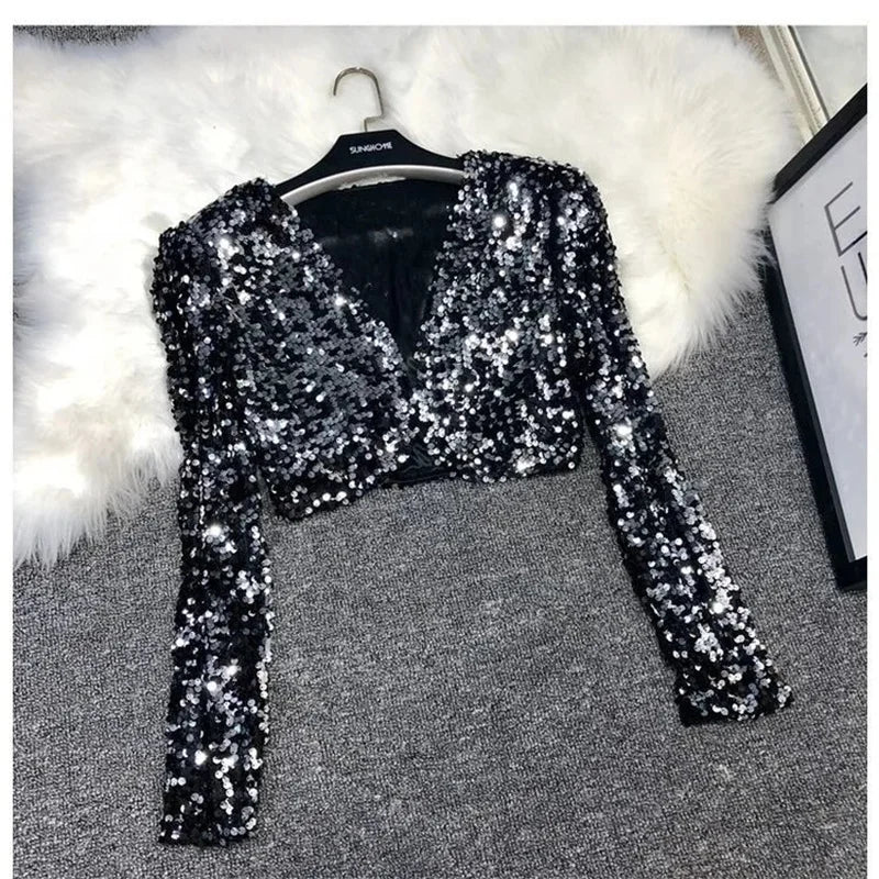 Women's Coat Women's Jacket New Fashion Short Coat Long Sleeve Design Sequined Temperament Short Fashion Cardigan Loose Coat
