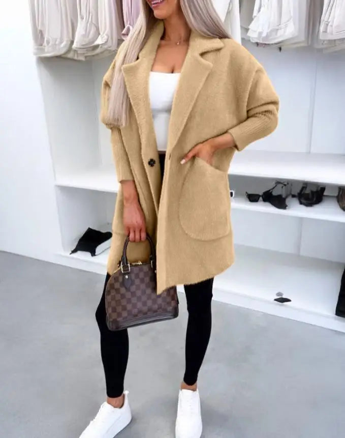 Women's Coat Autumn Winter 2025 Turn-Down Collar Long Sleeve Casual Button Coat with Pockets Simple Leisure Commuting Coat