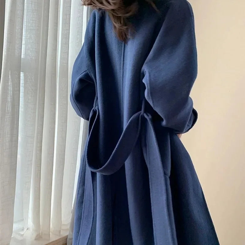 Women‘s Coat Winter Korean Fashion Long Coated Thickened Woolen Winter Coat for Women Black Coat Harajuku